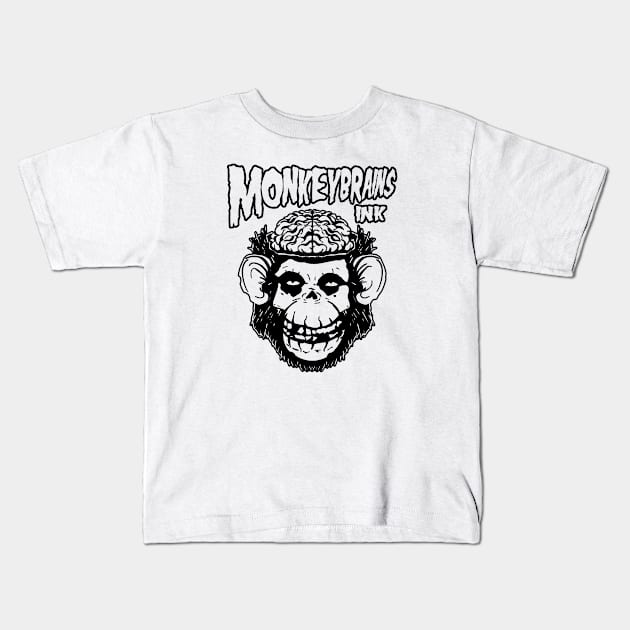 MonkeyBrainsINK fiend skull and logo on white! Kids T-Shirt by GodsBurden